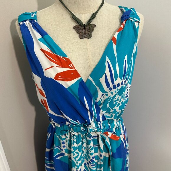 Sleeveless Silk-Inspired Dress with Blue & Orange Botanical Pattern (SIZE 6) - Picture 4 of 16